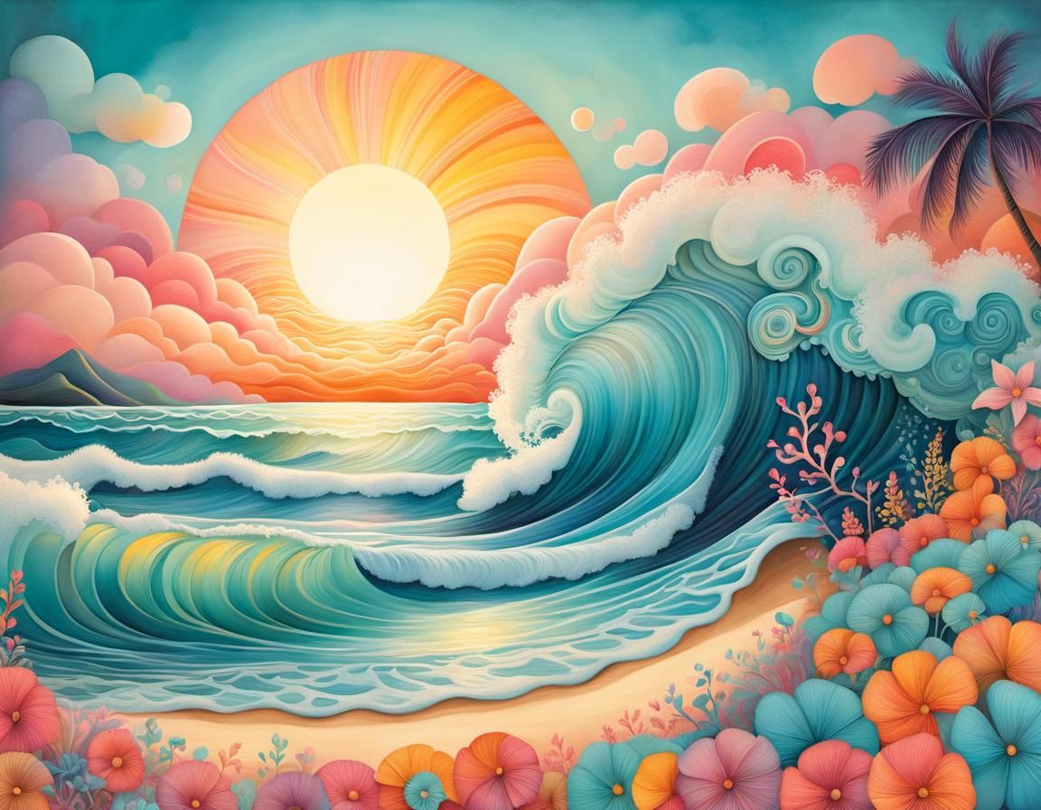 Pastel Sunset Over Hawaii, Whimsical Gouache Painting