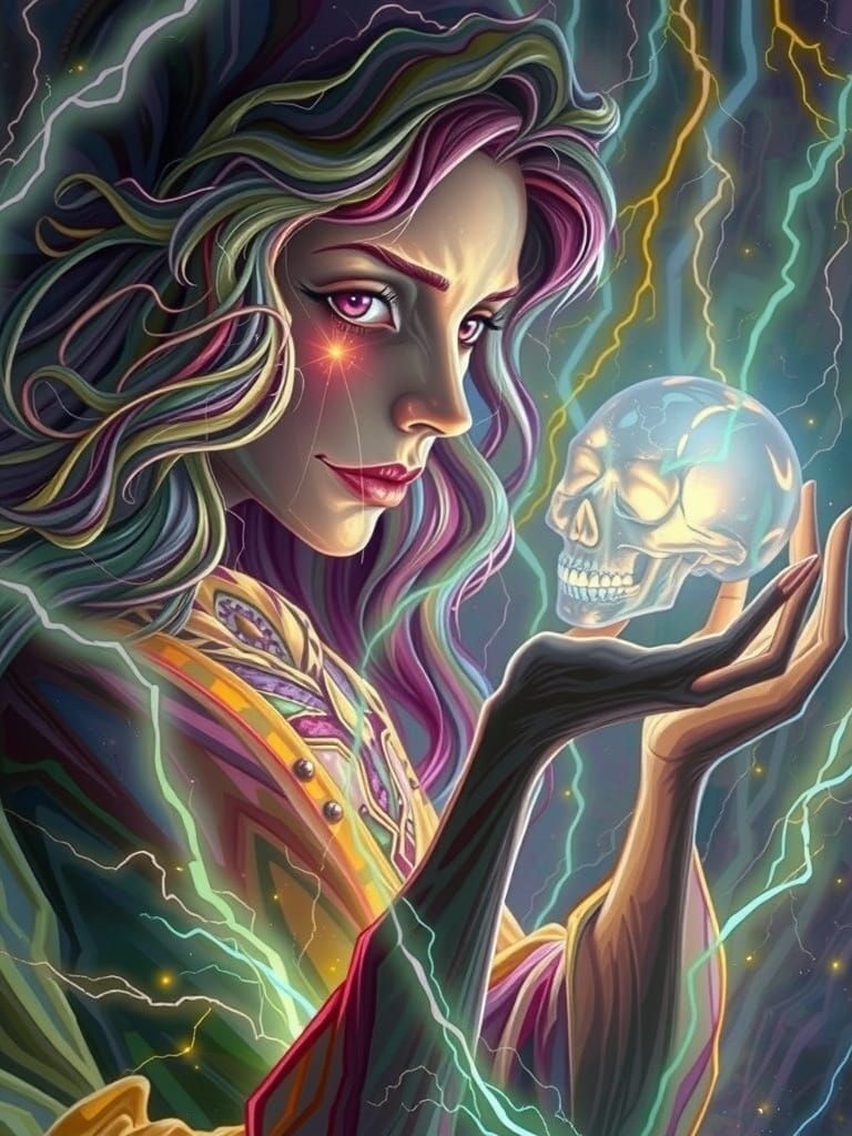 Magician with Crystal Skull in Zentangle Fantasy Style