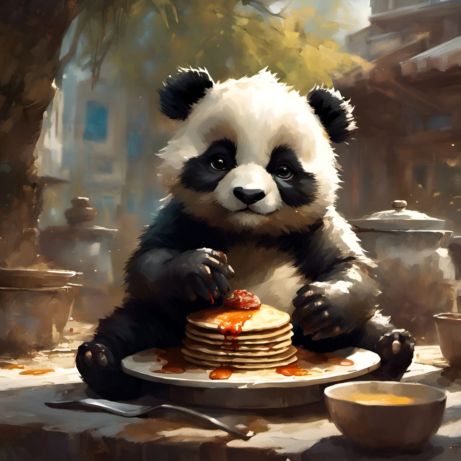 Chibi Panda Eats Pancakes in Detailed 3D Render