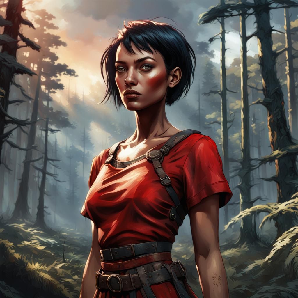 Woman in Forest: Enki Bilal Comic Style Portrait