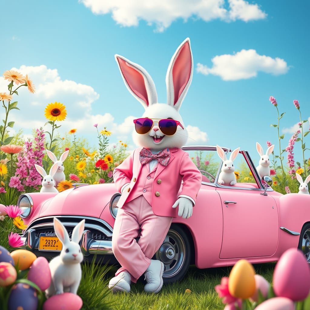 Playboy Bunny Leans Against Pastel Pink Convertible in Vibra...