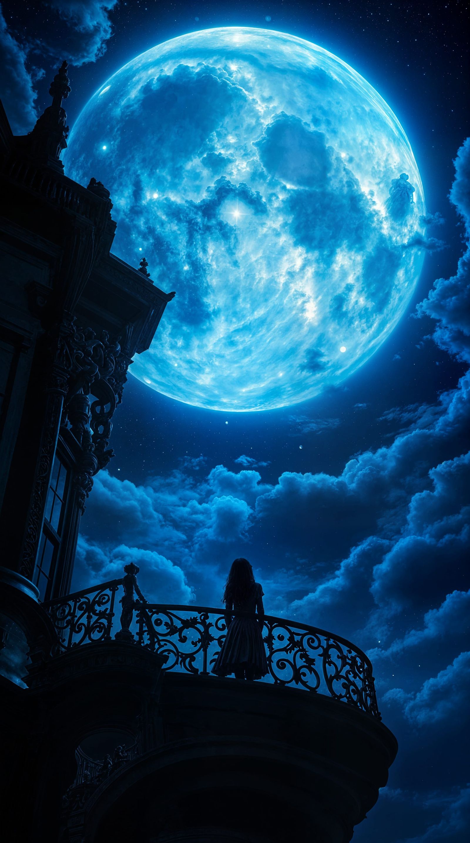 Girl Silhouetted Against Giant Blue Moon on Victorian Balcon...