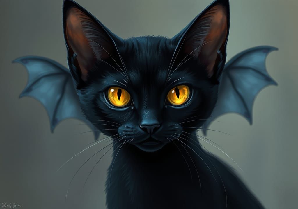 Bat-Winged Black Cat with Yellow Eyes