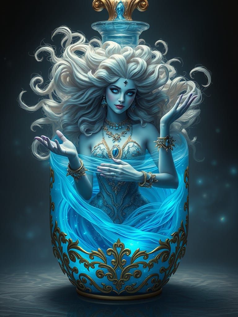 Benevolent Genie Rises from Glowing Potion Bottle in Gold De...