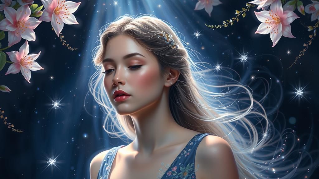 Romantic Painting of Flowers with Stars and Moonlight