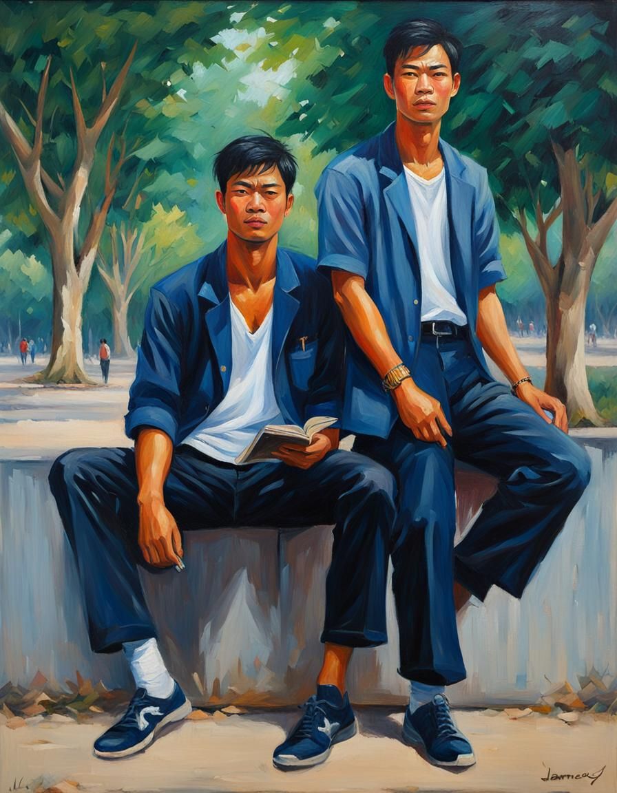 Two Thai Students in University, Oil Painting Style