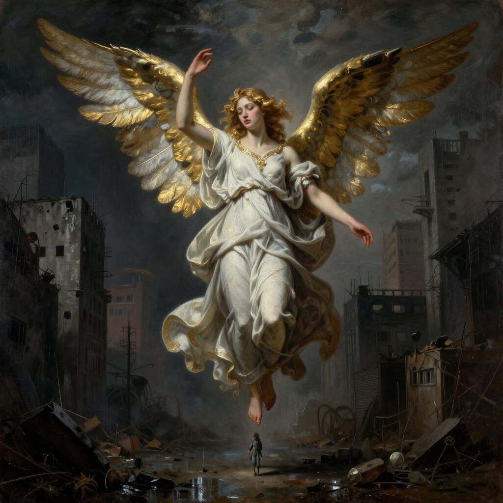 Baroque Guardian Angel Protects Woman in Dystopian City