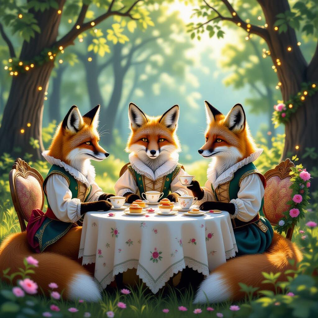Renaissance Foxes' Tea Party in Sunlit Forest