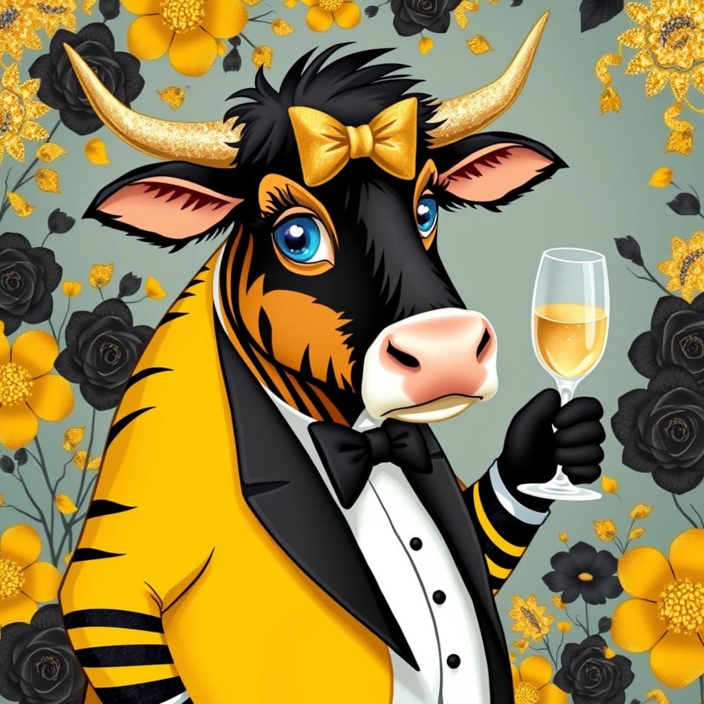 Highland Cow at Gala, Whimsical Illustration