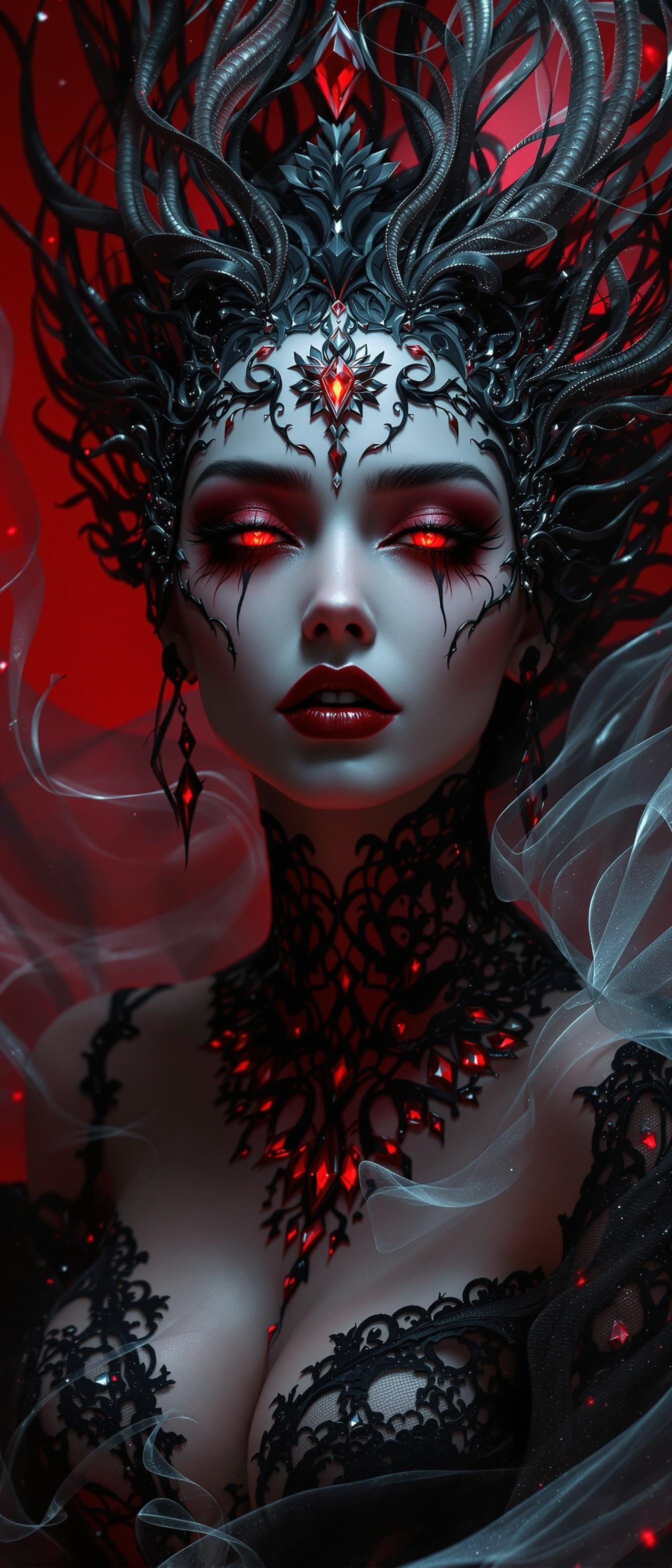 Vampire Woman Portrait with Lace and Ruby Background