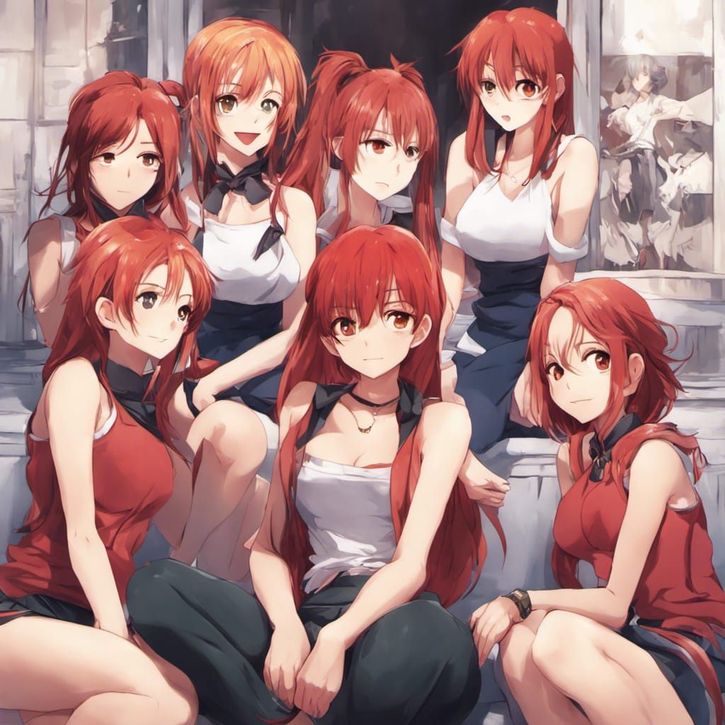 Anime Style: Red-Haired Girl with Friends