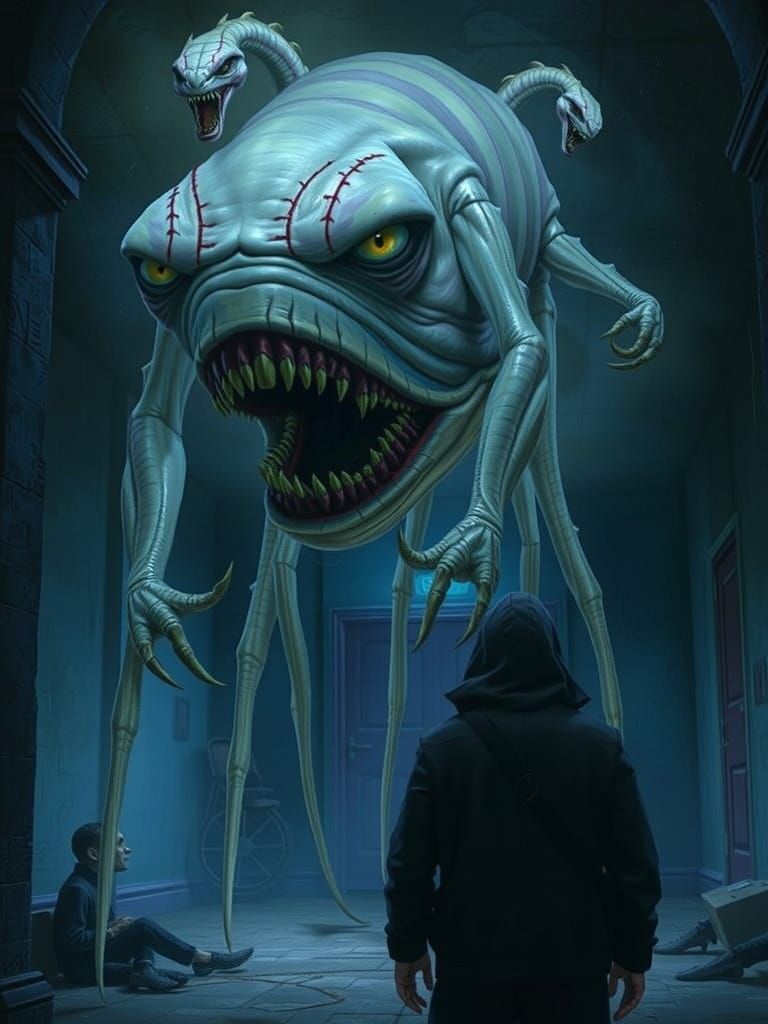 Nightmarish Three-Headed Alien Creature in Gothic Style