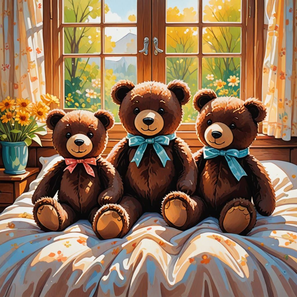 Whimsical Springtime Teddy Bears in Colorful Storybook Style