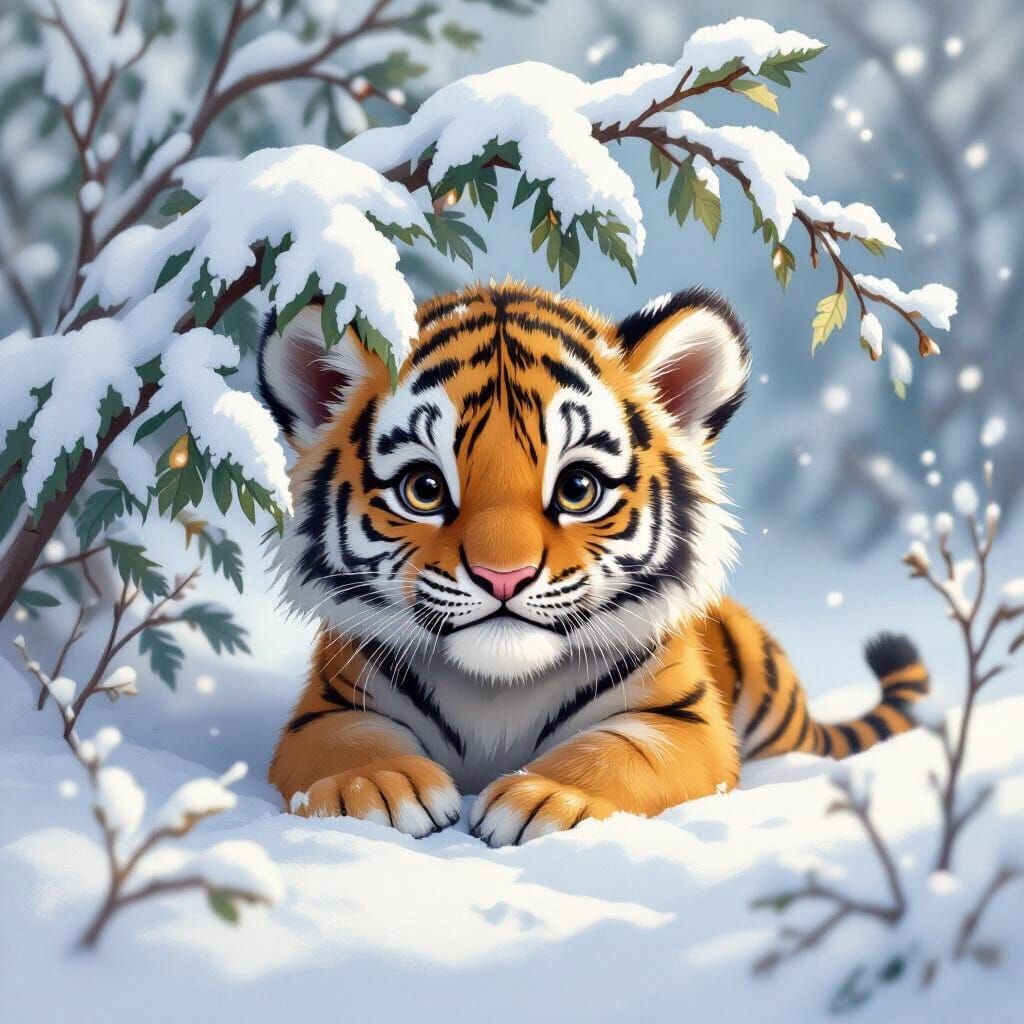Sad Baby Tiger Cub Hiding Under Snowy Branch