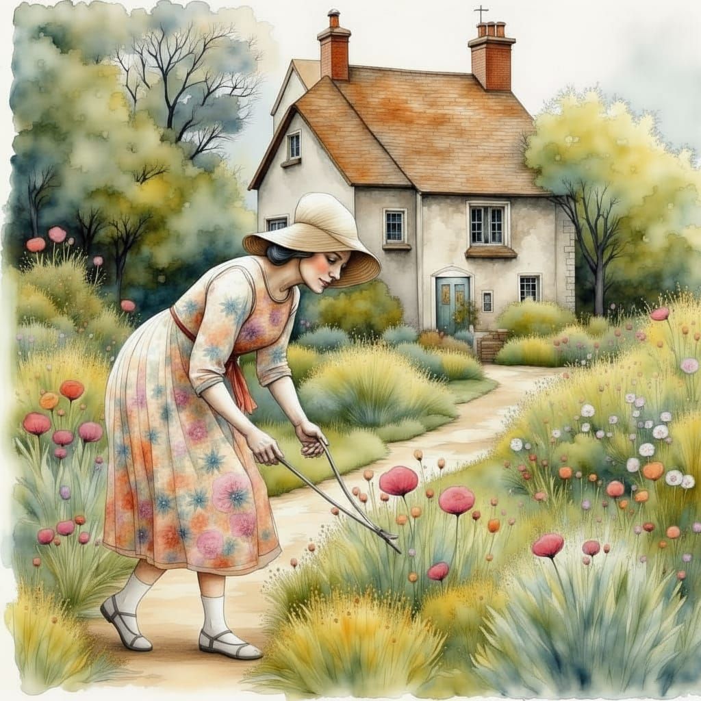 Country Cottage in Pen and Wash Style