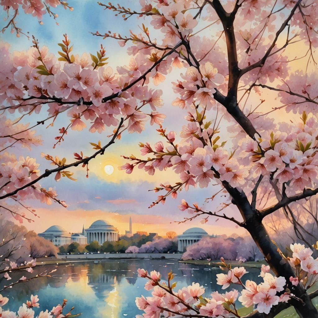 Cherry Blossoms in Washington D.C. Watercolor