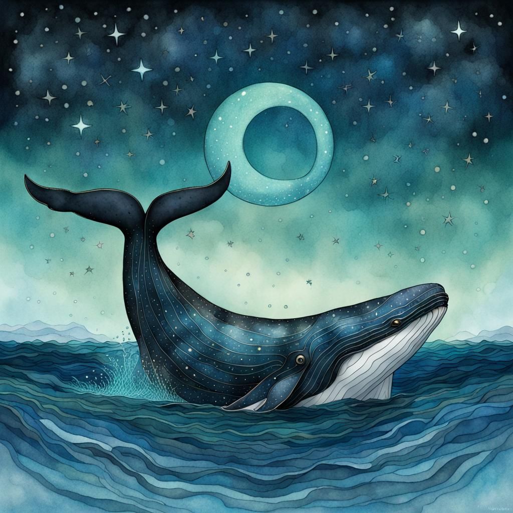Whale in Starry Sea: Liquid Ink Watercolor Illustration