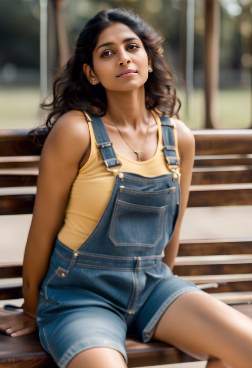 Indian Woman in Overalls Sitting on Bench