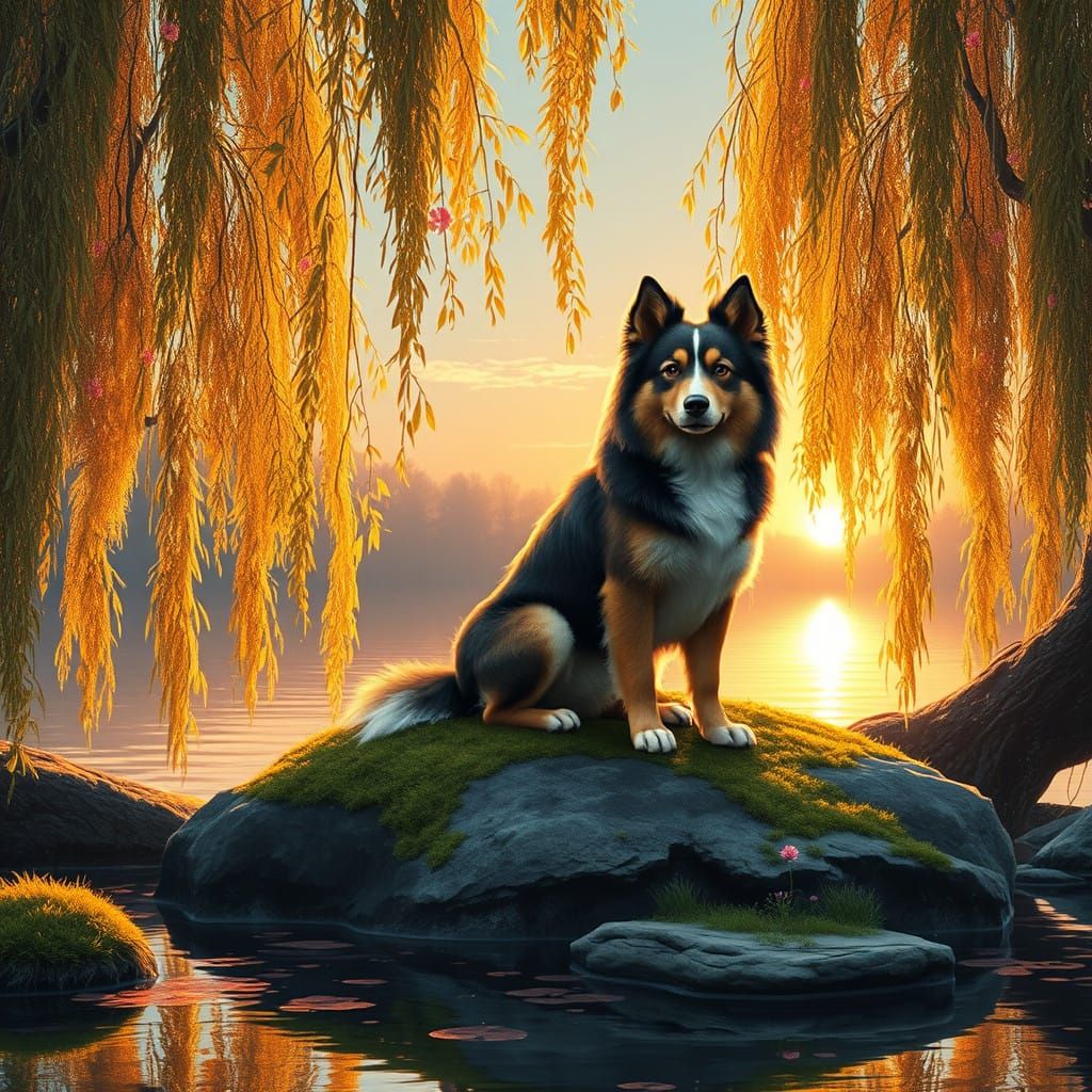Surreal Willows Dance with Vibrant Dog in Whimsical Fantasy...
