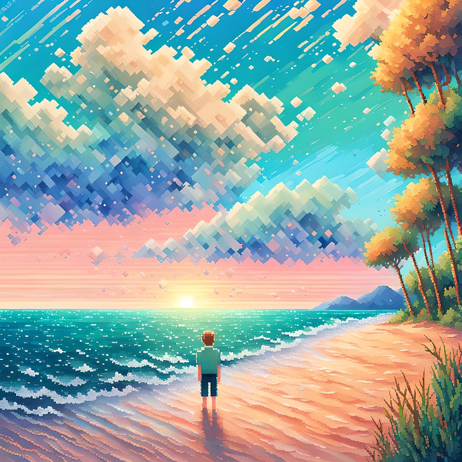 Pixel Art Beach Panorama in 16-Bit Style