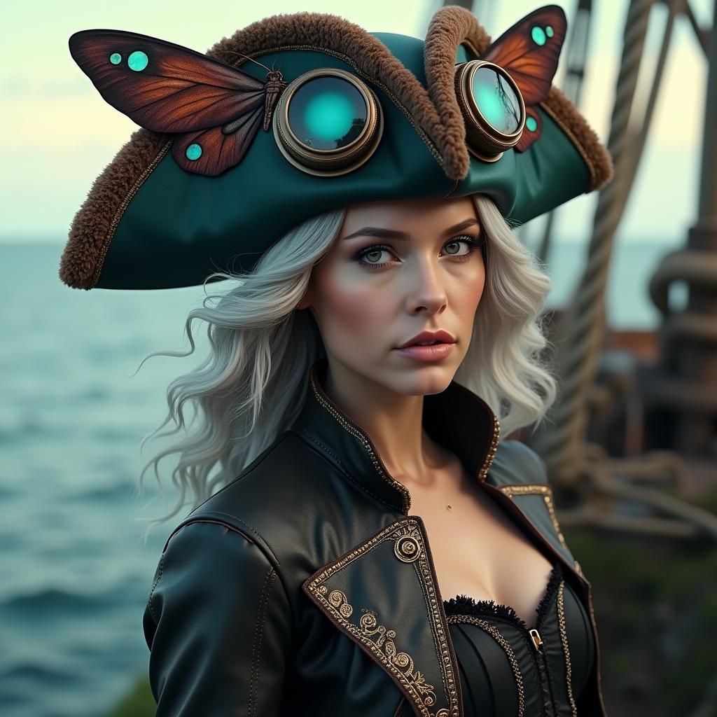 Woman in Pirate Hat with Moth Decorations