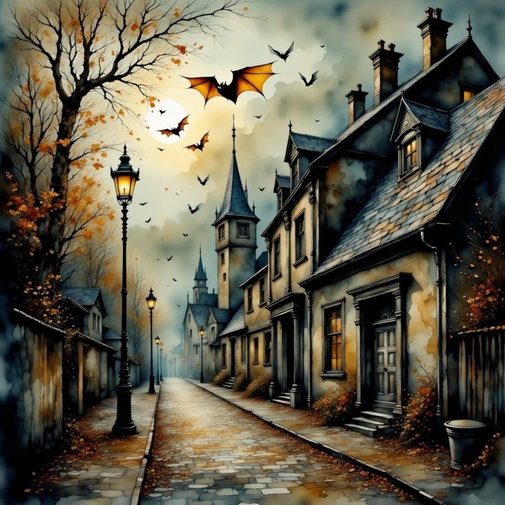 Atmospheric Autumn Street with Flickering Lamps and Bats