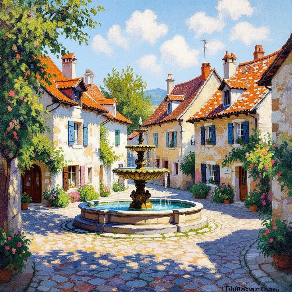 Charming European Village Square Fountain in Impressionist S...
