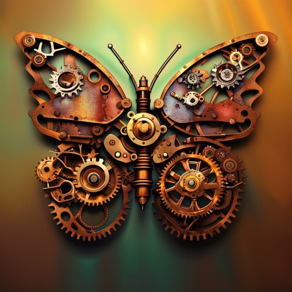 Steampunk Butterfly Made of Rusty Gears: Hyperrealistic Spla...