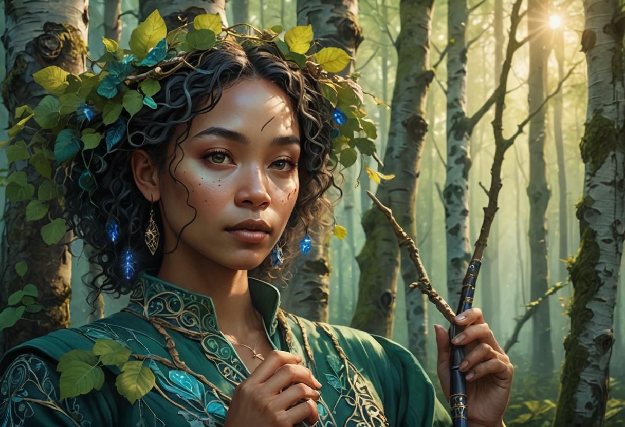 Woman with Flute in Ethereal Birch Forest