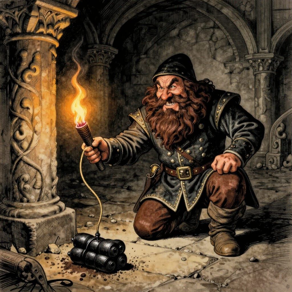Dwarf Saboteur Planting Explosives in Underground City