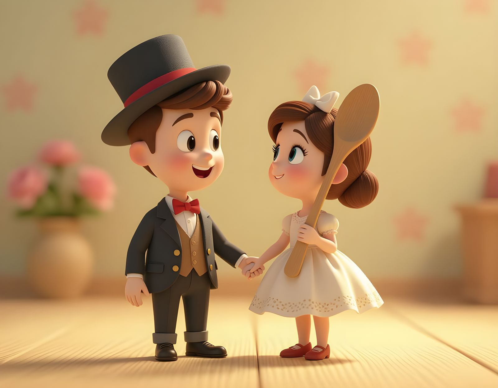 CGI Wooden Fork and Spoon Fall in Love in 3D Render