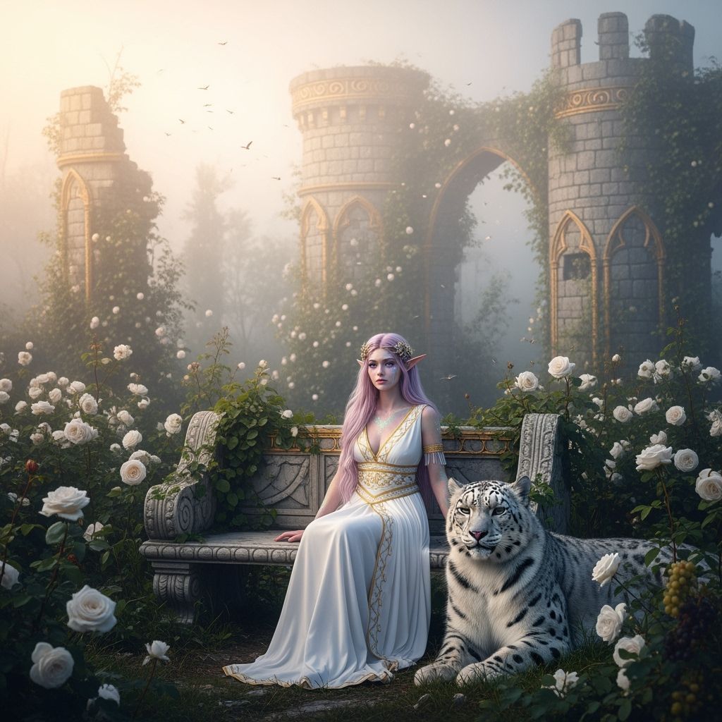 Elf and Snow Leopard in Foggy Ruined Garden