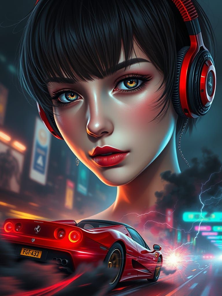 Cyberpunk Girl Portrait with Ferrari Double Exposure