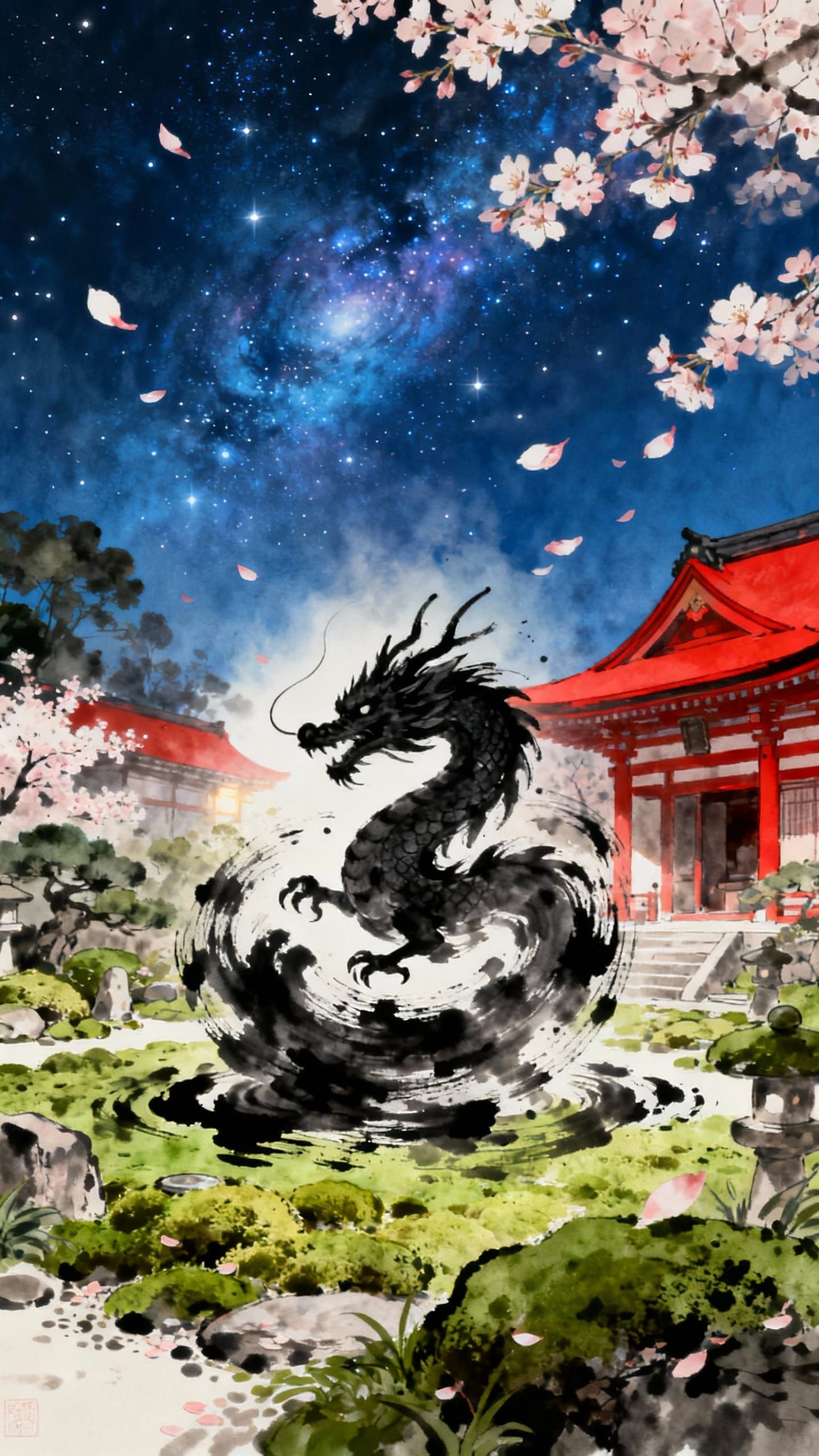 Black Ink Dragon in Zen Garden
