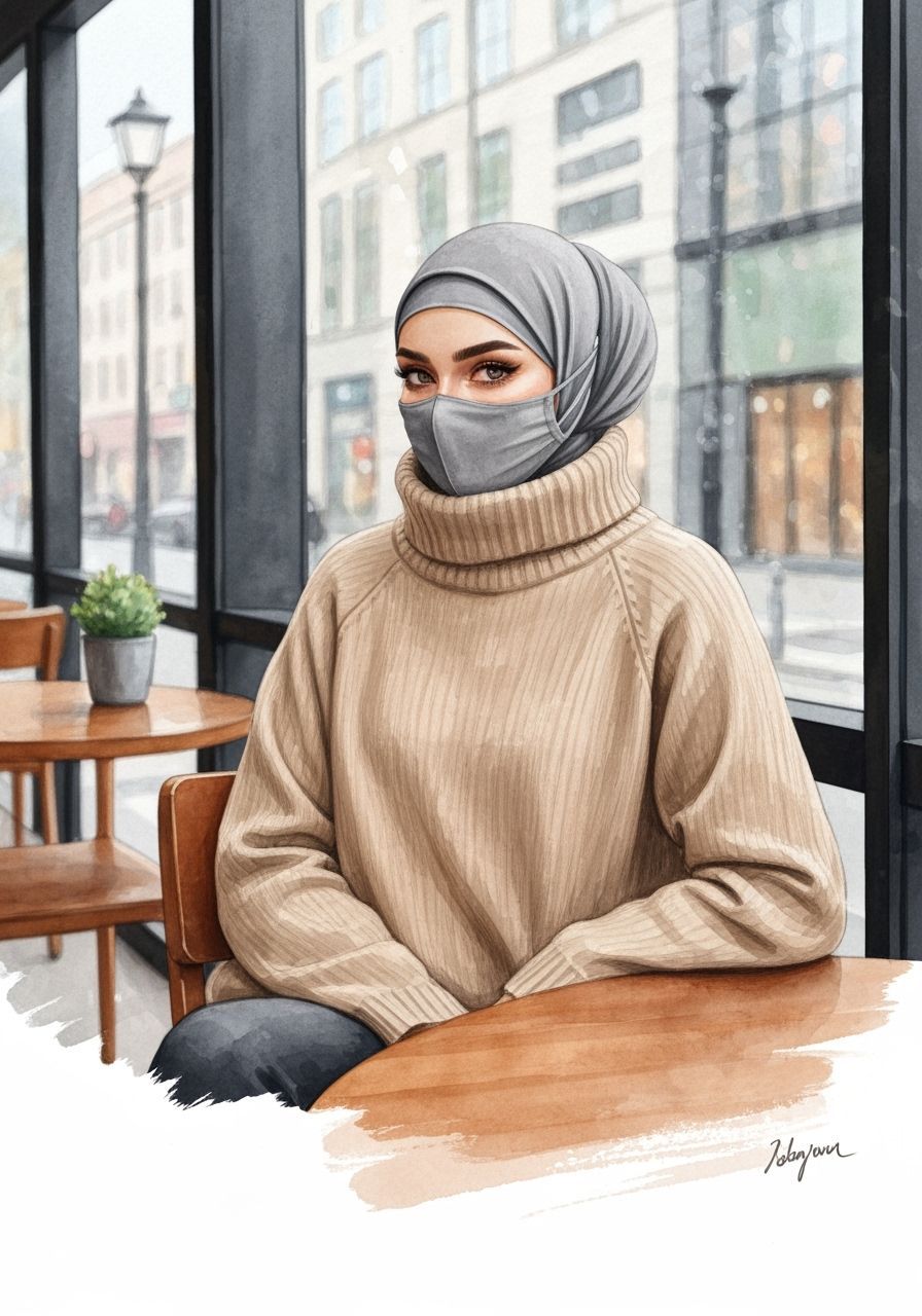 Hijabi Woman in Cozy Cafe Watercolor Painting