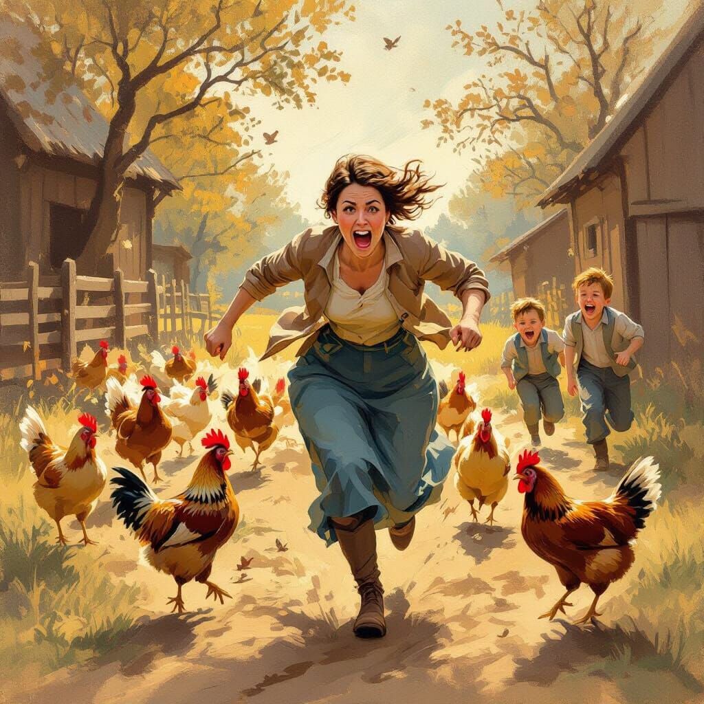 Mother Flees Chickens While Boys Laugh in Bruegel-Inspired F...