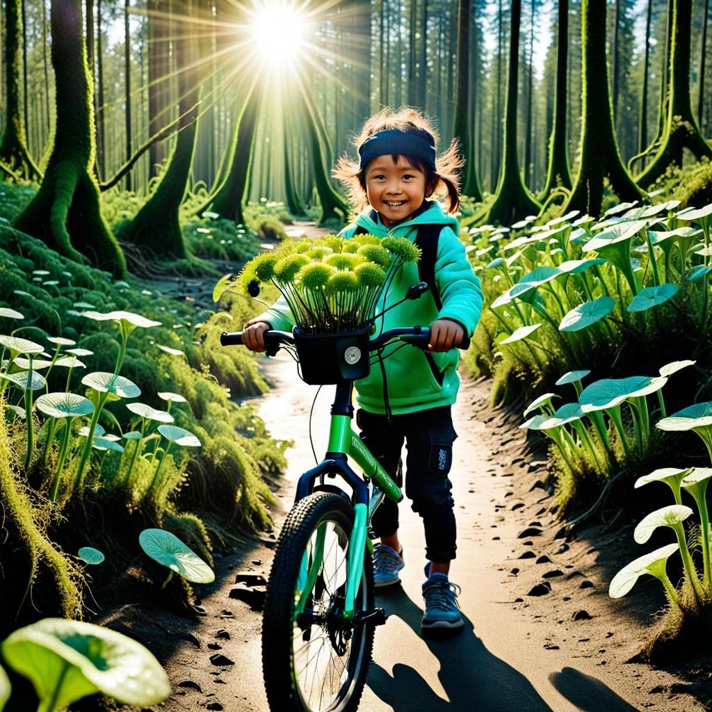 Child Holds Earth Beside eBike in Backlit Forest