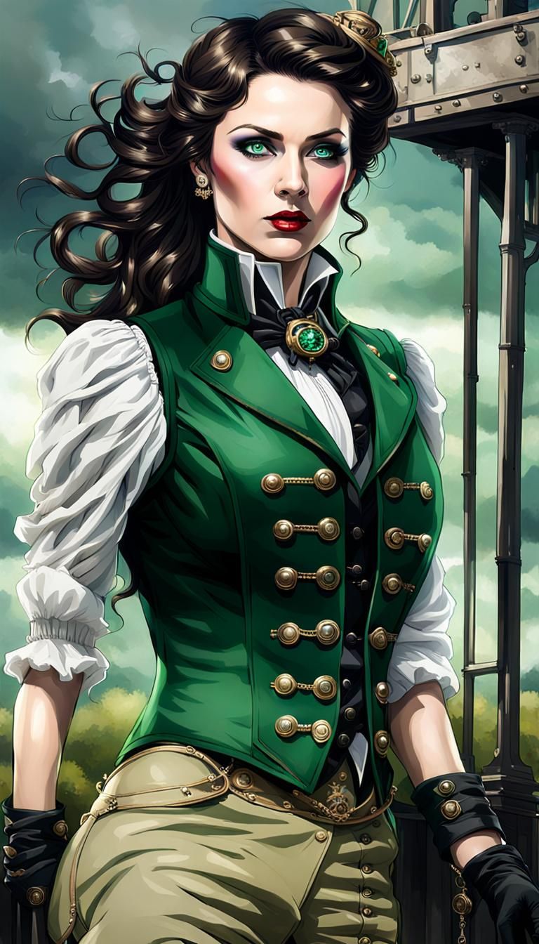 Steampunk Irishwoman on Airship Deck Amidst Stormy Skies