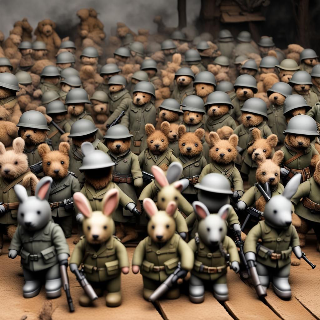 Teddy Bears and Rabbits at War in a Battlefield