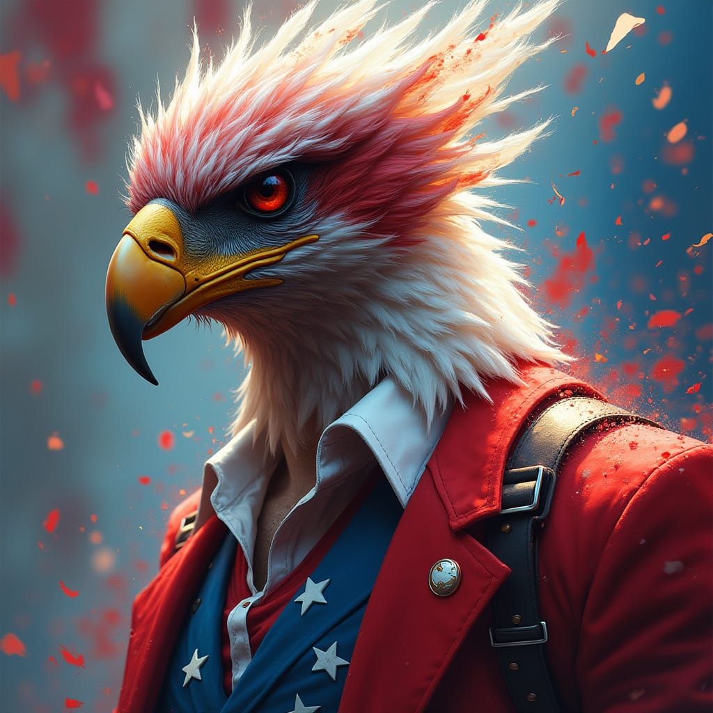 Patriotic Man with Hawk Head in Red, White, Blue