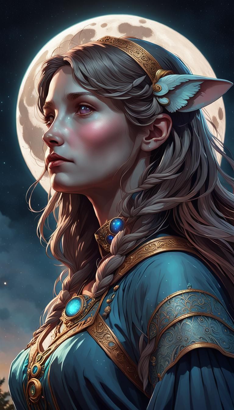 Rabbit Gazing at Moonlit Night: Digital Art