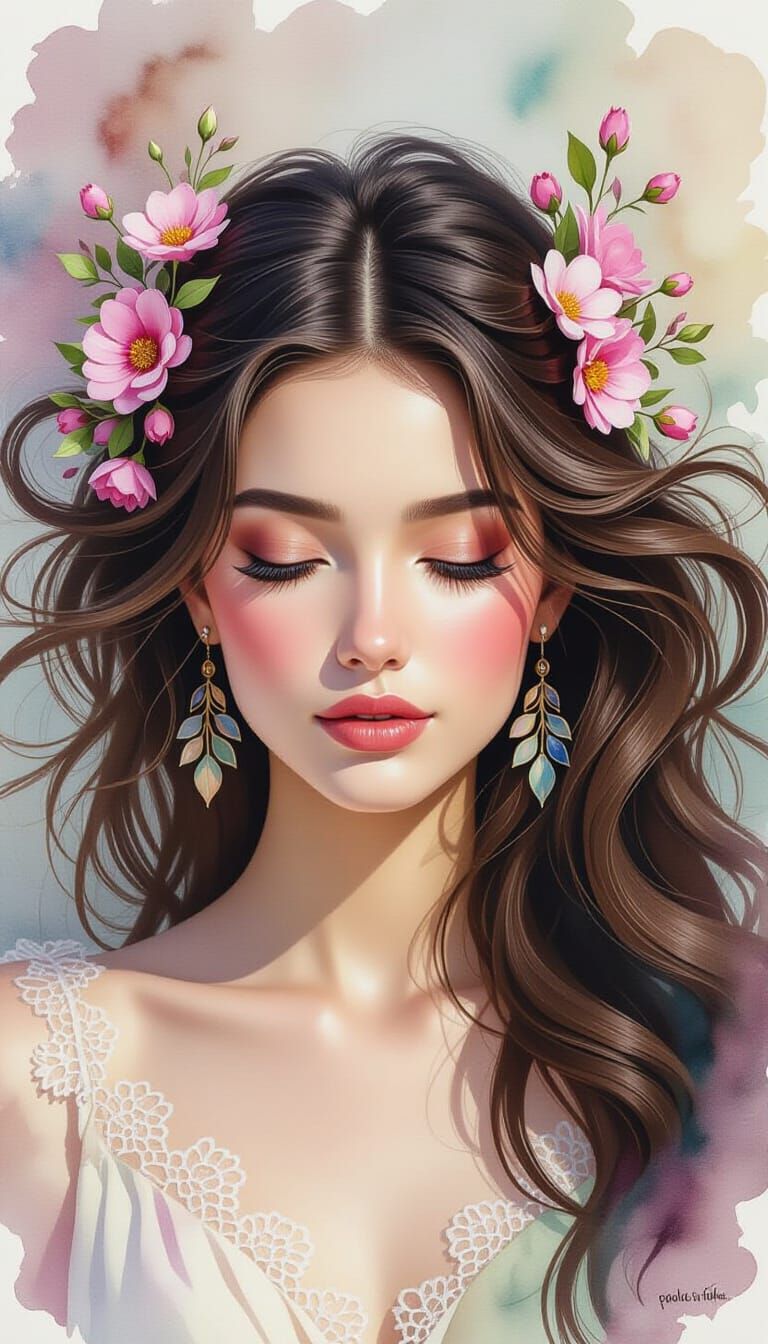 Woman's Face with Flowing Hair, 3D Watercolor and Oil Painti...