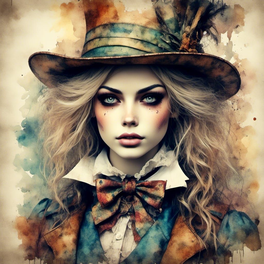Scarecrow Mad Hatter in Antique Watercolor Style