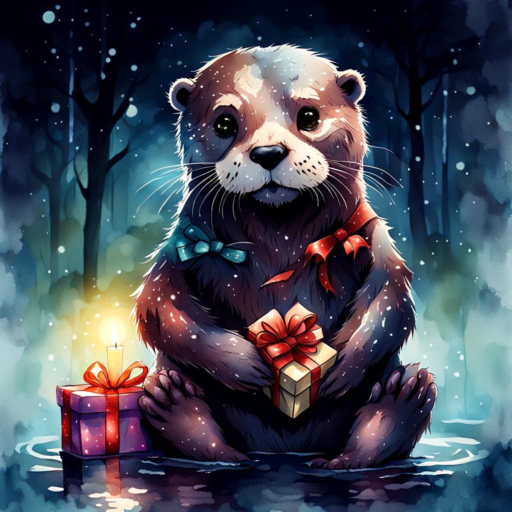Undead Otter Guarding Teddy Bear: Watercolor Illustration
