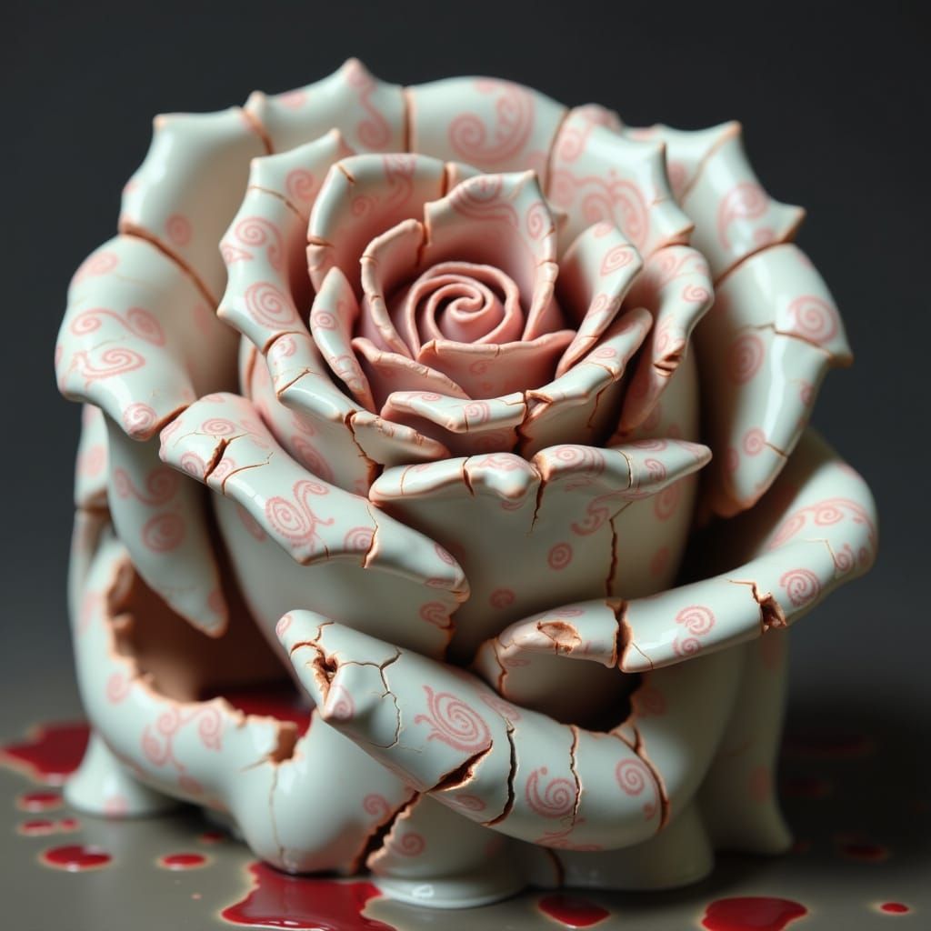 Intricate Porcelain Rose with Craquelure and Vermiculation T...