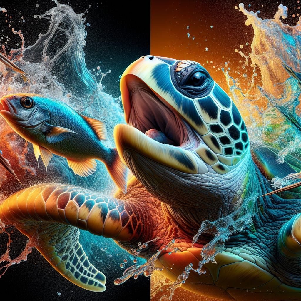 Sea Turtle Consuming Fish in Hyperrealistic Concept Art