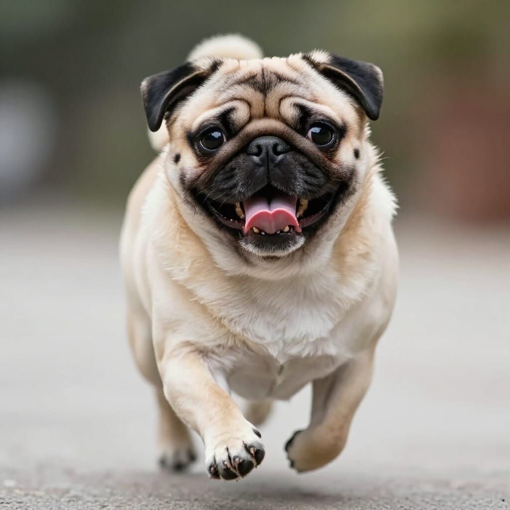 Happy Pug Running Towards You Photorealistic