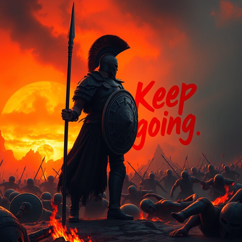 Warrior Triumphs Amidst Burning Ruin in Sunset Splendor