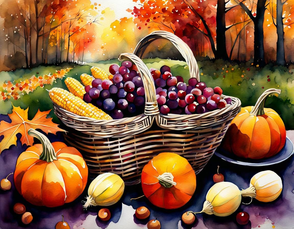 Autumn Harvest Picnic in Watercolor Style