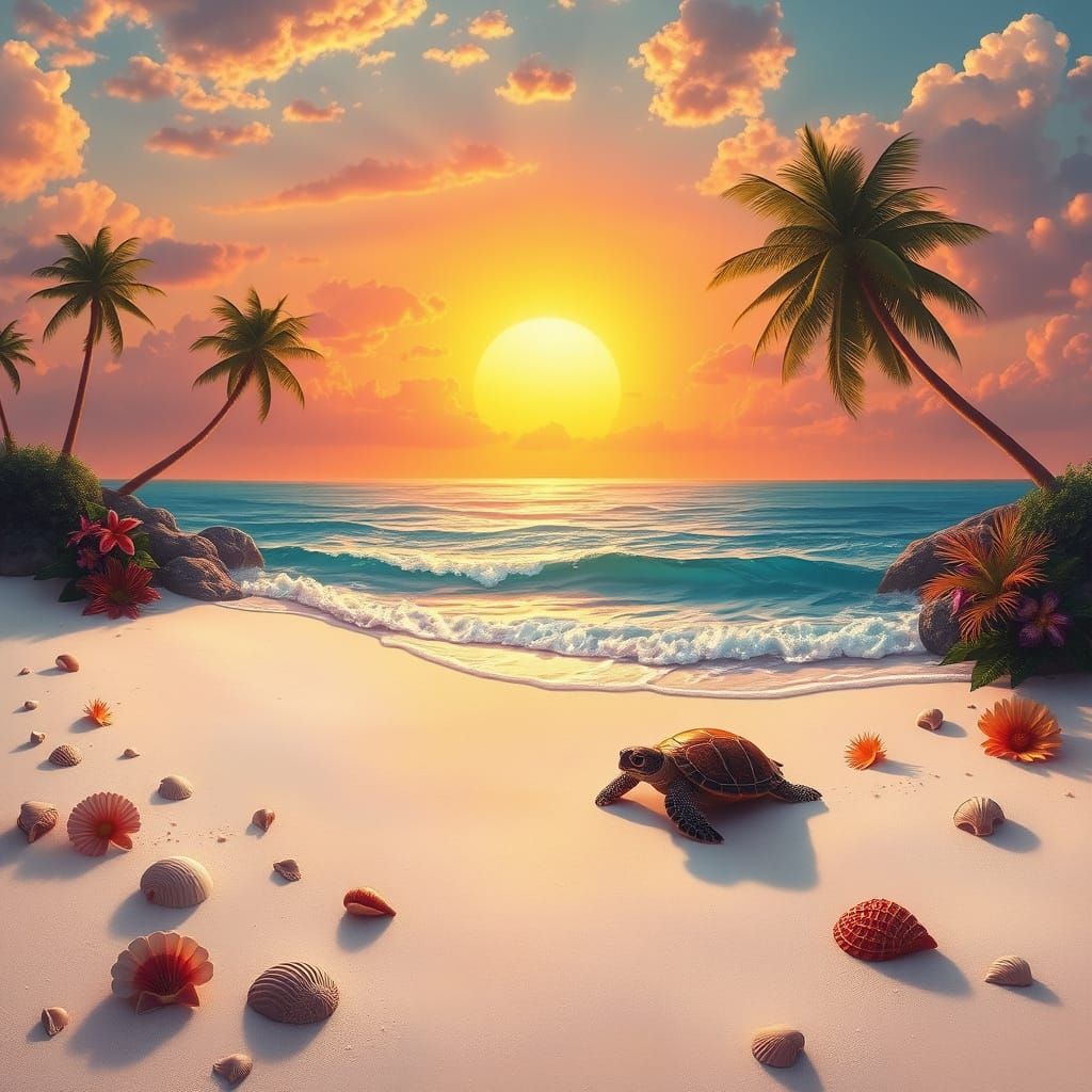 Dreamy Sunset on Tranquil Beach in Romantic Realism Style